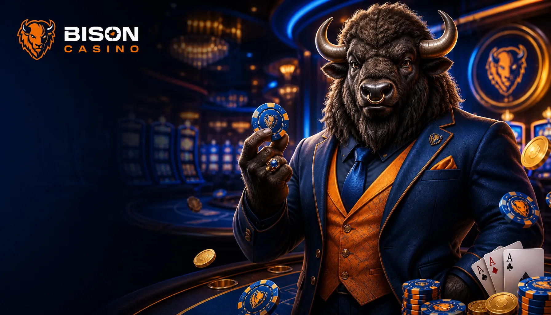 Bison Casino Poland HERO banner with powerful bison mascot on the right, dark premium casino background, and Bison Casino log