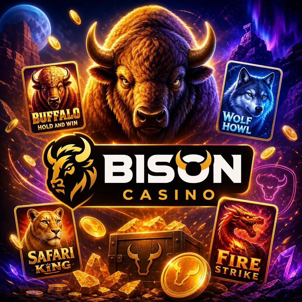 Bison Casino promo image featuring official logo, slot elements, and brand colors in a 1024x1024 square format.